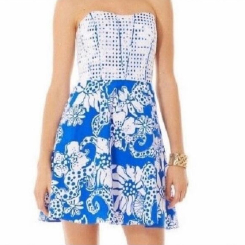 Lilly Pulitzer Ferris Strapless Dress in White Grid Eyelet & Blue Seahorse Print